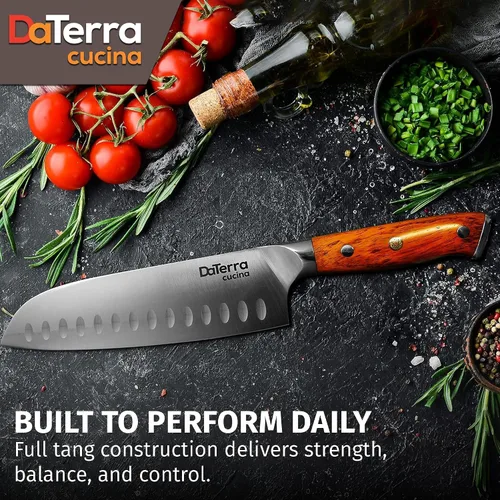 Vista 5 de DaTerra Cucina - Cuchillo Santoku de 7 pulgadas - Cuchillo de cocina profesional de acero alemán con mango ergonómico de palisandro, afilado