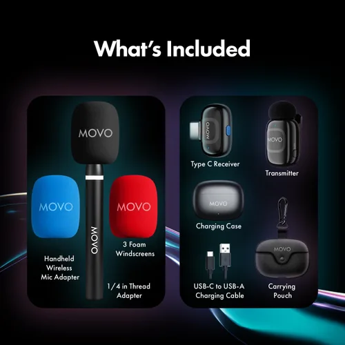 Vista 8 de Movo Kit de micrófono inalámbrico USB-C NanoMic con mango de entrevista, micrófono de entrevista de calle dual para iPhone 15/16/17+, Android y iPad