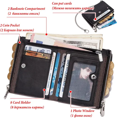 Vista 5 de Cartera de cuero genuino para hombre con cadena antirrobo, bloqueo RFID, tarjetero multifuncional con cierre RFID, bolsillo con cremallera