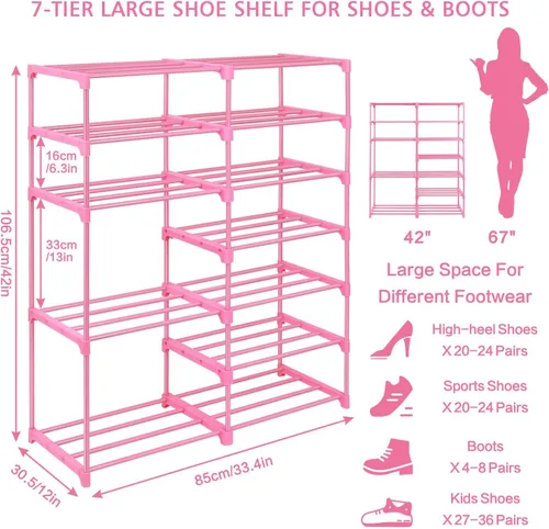 Vista 3 de LNYZQUS Zapatero rosa grande de 7 niveles, 24 a 30 pares de estantes organizadores de zapatos altos, organizador de botas para niños, para garaje