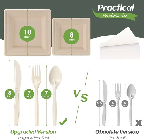 Vista 3 de Juego de platos de papel compostables para fiestas, 300 unidades, platos cuadrados de papel marrón de 10 y 8 pulgadas, utensilios y servilletas