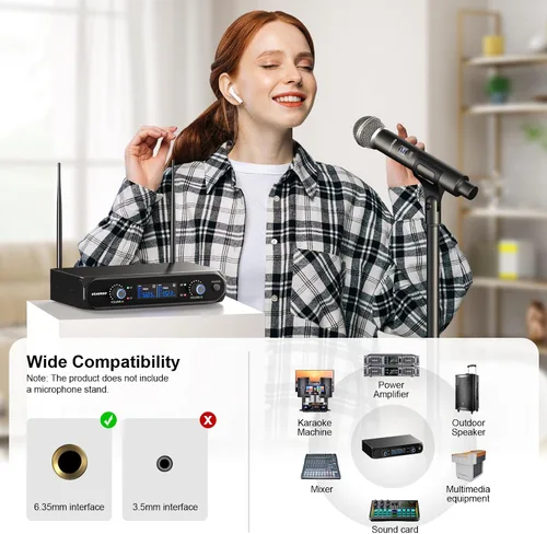 Vista 6 de Sistema de Micrófono Inalámbrico Aokeo, Juego de Micrófono Inalámbrico de Metal con Estuche, Micrófonos Dinámicos de Mano Inalámbricos para Cantar