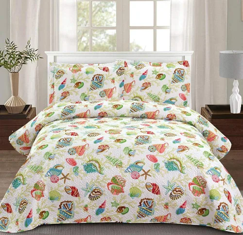 Vista 14 de Juego de edredón de tamaño Queen - Edredón ligero reversible, colcha, cubrecama - Ropa de cama costera - Decoración del hogar con concha de estrella