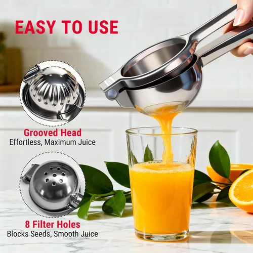 Vista 3 de TempPro Exprimidor de limón y lima, exprimidor de cítricos de acero inoxidable 304 con cuenco ranurado, mango con bisagras de alta resistencia, alto