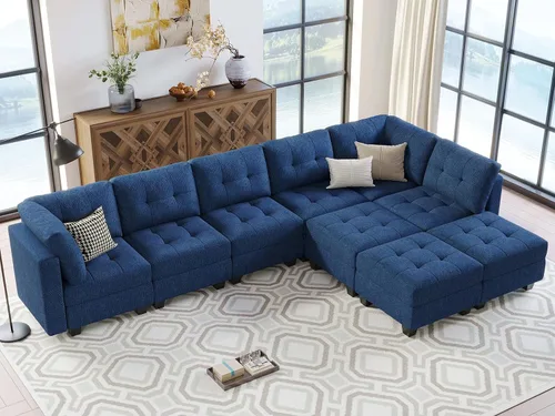 Vista 5 de Belffin Sofá modular en forma de L azul con almacenamiento, 9 asientos, algodón, firme, moderno