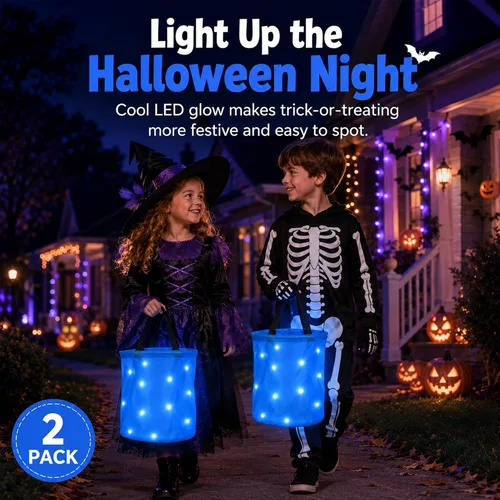 Vista 5 de Shappy 2 bolsas LED para dulces de Halloween, cubo con luz para dulce o Azul