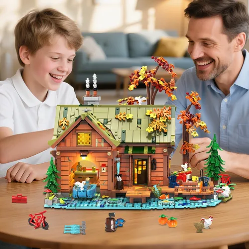 Vista 7 de INSOON Set de Construcción Mini de Cabaña sobre el Agua con Luz, 2423 PIEZAS, Juego de Bloques de Madera de Casa en el Bosque con Barco, Bicicleta