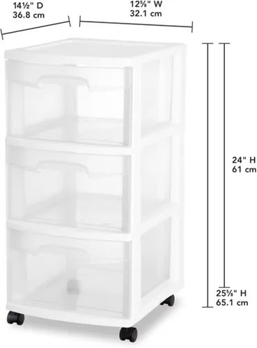 Vista 3 de Sterilite Paquete de 2 organizadores de almacenamiento de plástico, carrito con 3 cajones, organizador de armario, color blanco
