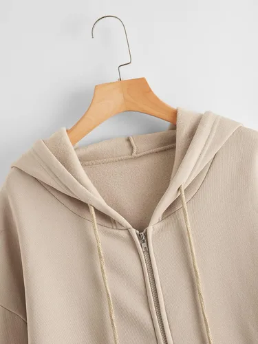Vista 3 de SheIn Sudadera con capucha de manga larga con cordón y hombros caídos para mujer