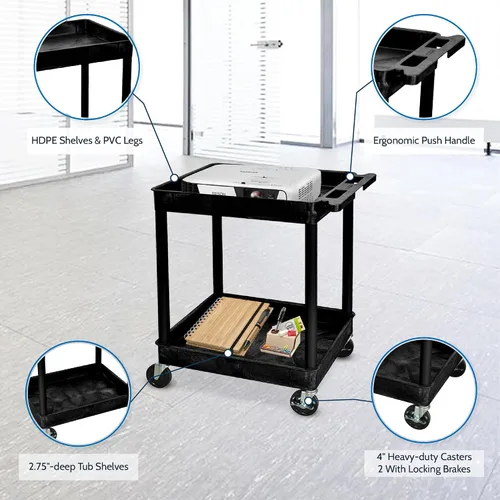 Vista 6 de Luxor Carro utilitario rodante de 2 estantes con ruedas resistentes - Negro