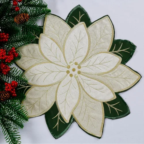Vista 3 de OWENIE Juego de 4 manteles individuales de Navidad, Tela bordada con destello dorado brillante con flores de nochebuena, manteles redondos de 38 cm