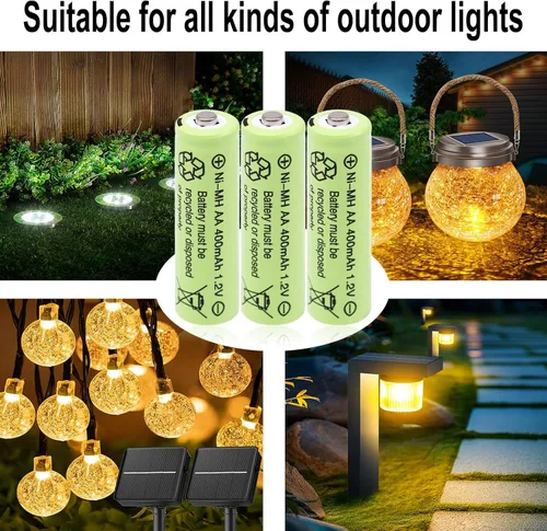 Vista 4 de Doble A 1.2 voltios 400 mAh NiMH recargables AA pre-cargadas baterías solares para luces decorativas al aire libre, luz de asta de bandera, mouse