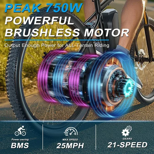 Vista 4 de ZNH Bicicleta eléctrica de 750 W 1000 W para adultos, batería extraíble de 48 V 13 Ah, bicicleta eléctrica de neumático de 26 pulgadas, hasta 60