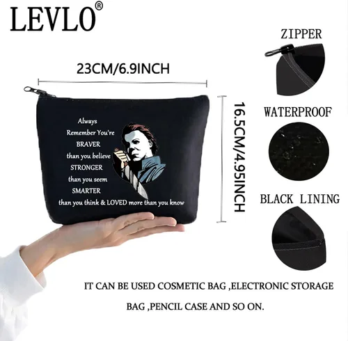 Vista 2 de LEVLO Michael Myers Bolsa de maquillaje cosmética para fanáticos de la película de terror, regalo You'Re Braver Stronger Smarter Than You Think