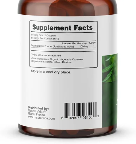Vista 3 de Suplemento herbario Neem 1000mg - 90 cápsulas - Apoya la piel, la salud inmunológica y hepática, desintoxicación, cápsulas veganas, sin gluten (1)