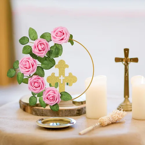 Vista 6 de Wesiti 48 piezas Centro de mesa para bautizo, decoración de mesa para primera comunión, 12 cruces de madera, 12 aros florales con soporte, 24 rosas