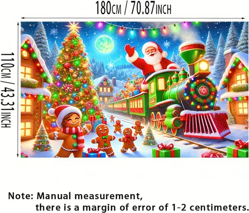 Vista 5 de BlissYard Telón de fondo de tren de Papá Noel, 71 x 43 pulgadas, pancarta de escena de Navidad de pan de jengibre, fondo de fotos para fiestas