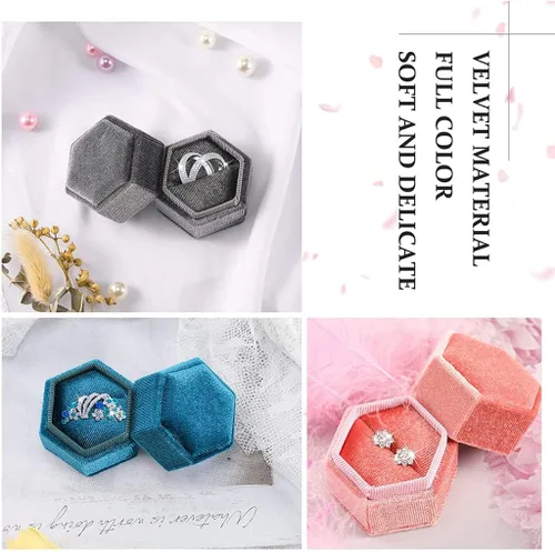 Vista 6 de Caja hexagonal de terciopelo para anillos con doble anillo, elegante caja de almacenamiento de joyas para propuestas, compromiso, aniversario, Blanco