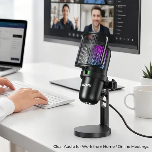 Vista 8 de Micrófono USB para juegos de transmisión, micrófono de escritorio de condensador de PC para video, uso doméstico, YouTube, con control RGB, perilla