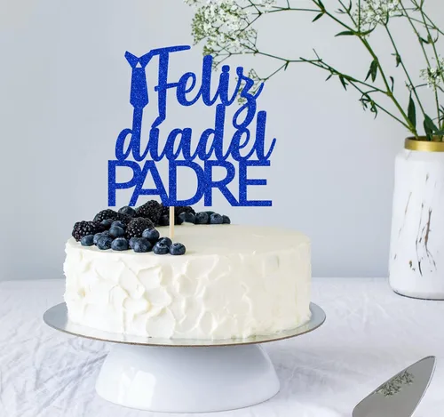 Vista 2 de Decoración de pastel de Feliz Día del Padre para decoración del día del padre, suministros de fiesta de cumpleaños de papá con purpurina azul
