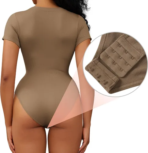 Vista 2 de Body de manga corta con cuello redondo para mujer, sin costuras, camiseta triangular acanalada, camiseta básica, leotardo