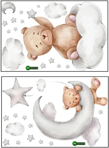 Vista 2 de Enfudid - 2 calcomanías de pared de oso de peluche durmiendo en la luna y estrellas para habitación de niños, habitación de bebé, habitación