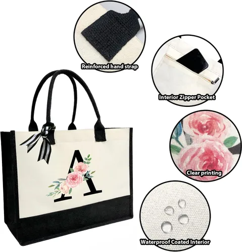 Vista 4 de Bolsa de lona personalizada con inicial para mujer, bolsa de playa con bolsillo interior con cremallera para bodas, cumpleaños, vacaciones