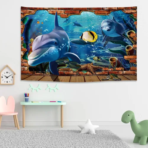 Vista 2 de ARTXZDZ Tapiz de delfín con efectos 3D, tapiz de animales del mundo submarino, decoración de pared para fondo de acuario bajo el mar, decoración