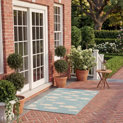 Vista 43 de SAFAVIEH Alfombra lavable para exteriores, colección Patio de 2.3 x 12 pies, color azul y beige, no desprende pelusa y fácil de limpiar, ideal