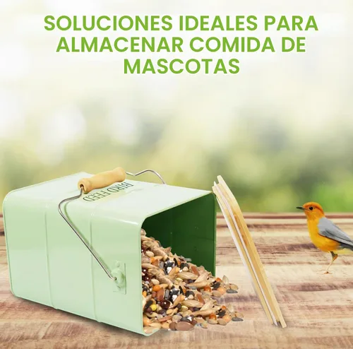 Vista 7 de Contenedor de almacenamiento de semillas de pájaro de metal, recipiente para pájaros al aire libre, contenedor de comida para mascotas con tapa