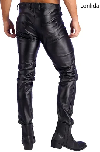 Vista 2 de Pantalones de motociclista metálicos de pierna recta de piel sintética para hombre