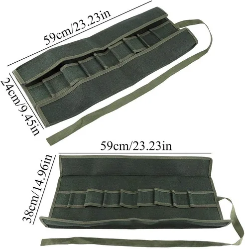 Vista 3 de Bolsa de herramientas de jardín, organizador de almacenamiento multifuncional portátil para jardinería, bonsái, lona verde, 10 bolsillos, 23.6 x