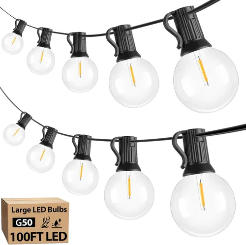 Vista 17 de Bosceos Tira de luces LED G40 para exteriores, 25 pies, regulables, inastillables, impermeables, con 12+2 bombillas conectables, luz colgante Blanco