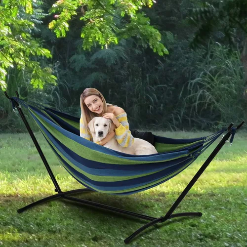 Vista 6 de HCY Hamaca con soporte, soporte de acero que ahorra espacio de 550 libras, resistente a la intemperie con bolsa de transporte para patio interior al