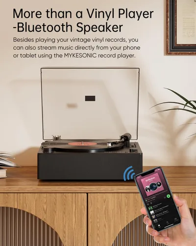 Vista 7 de MYKESONIC - Reproductor de discos automático, tocadiscos de vinilo Bluetooth con transmisión por correa, cartucho magnético AT-3600L, Bluetooth