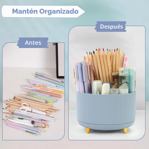 Vista 3 de SKYDUE Organizador de escritorio giratorio de 360 grados, soporte para lápices y bolígrafos de doble propósito, organizador de bolígrafos