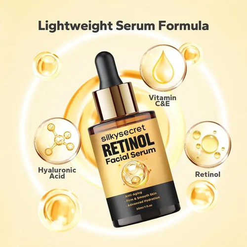 Vista 2 de SilkySecret Suero de retinol para la cara (1 onza líquida), 2% retinol + vitaminas C y E, suero facial envejecedor para hombres y mujeres, suaviza