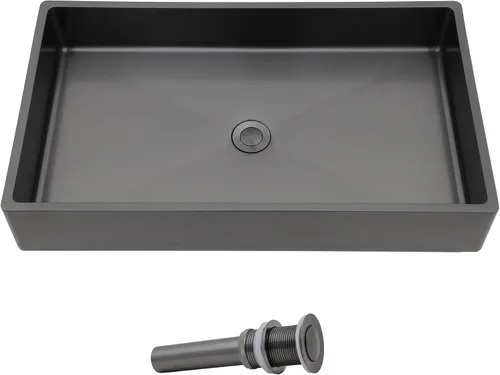 Vista 10 de Fregadero de recipiente blanco redondo - Fulorni 33x33 cm Lavabo de baño de cerámica de porcelana con borde dorado sobre encimera, fregadero
