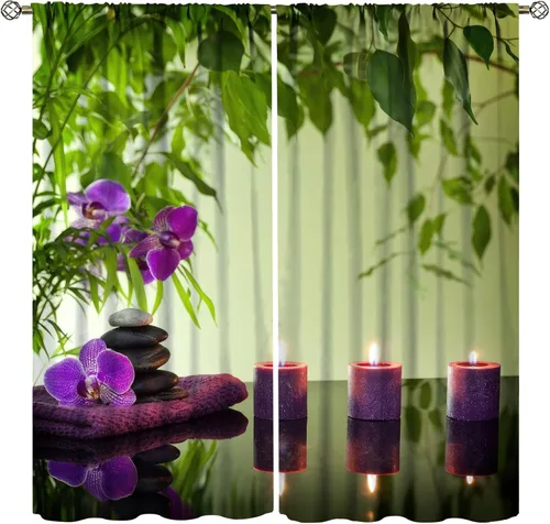 Vista 49 de Cortinas con estampado de bambú verde natural, plantas asiáticas, japonesas, tallos rústicos, hojas, cortina de selva con bolsillo para cortinero