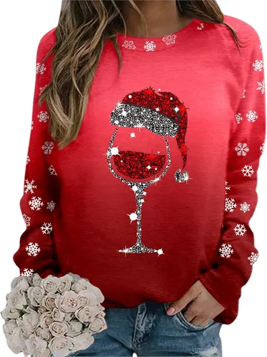 Vista 5 de Sudadera de Navidad para mujer, lindo suéter feo de Navidad con cuello redondo de Papá Noel, suéter feo de Navidad 2023