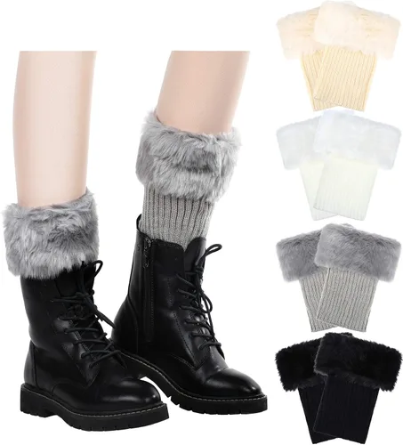 Vista 2 de 4 Pairs Women Faux Fur Trim Boot Cuff Winter Knitted Furry Top Cover Leg Warmers Girls Boot Socks