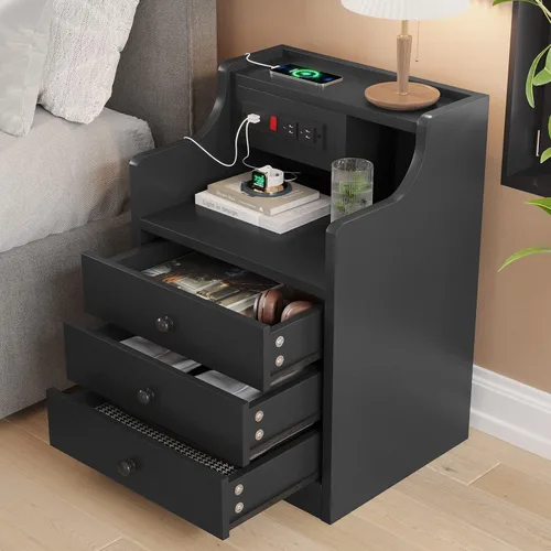 Vista 4 de ADORNEVE - Mesita de noche con estación de carga, mesita negra para dormitorio, mesa auxiliar con aparador y cajones de almacenamiento