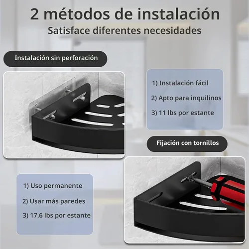 Vista 5 de Wisfame Carrito de Ducha Esquinero Negro - Estante de Ducha Triangular de Aluminio Resistente al Óxido - Instalación Sin Taladro y Con Taladro - 2