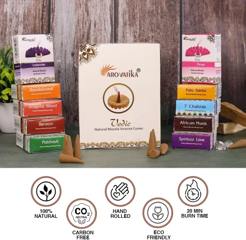 Vista 5 de ARO VATIKA Vedic Natural Masala 120 conos de incienso en paquete de 12 cajas 12 fragancias surtidas conos Dhoop Lo mejor para oración, reiki