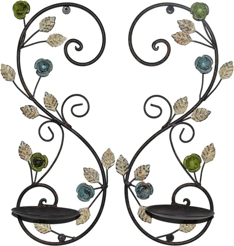 Vista 2 de Juego de 2 candelabros de pared, diseño de ramas de hojas multicolor antiguas, soporte de pared de metal para colgar velas para sala de estar