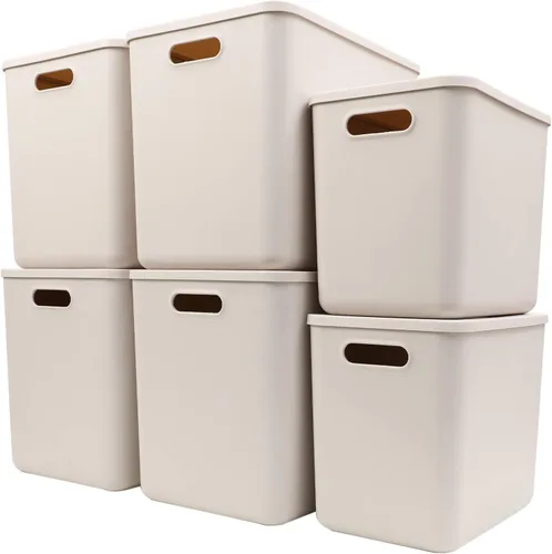 Vista 9 de Yishyfier Cestas de Almacenamiento de Plástico con Tapa Contenedor Organizador Contenedores Organizadores de Tejido de Punto con Tapa para Estantes