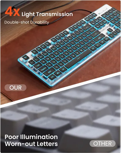 Vista 3 de SEUNKWANG Teclado retroiluminado con cable con teclas de pudín, teclado silencioso de computadora de tamaño completo, retroiluminación azul, fácil