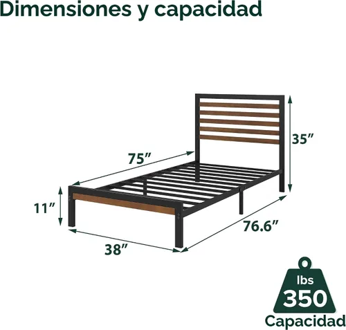 Vista 2 de Zinus Kai - Base de cama de bambú y metal con cabecero, no necesita somier, fácil montaje, individual, color marrón