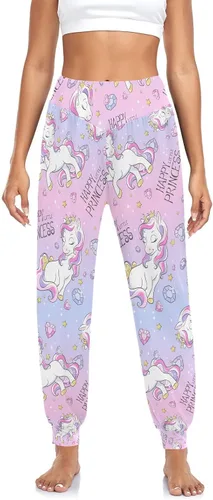 Vista 3 de Pantalones de unicornio rosa para mujer, pantalones deportivos de cintura alta para mujer, pantalones de harén cómodos para descansar, bailar, yoga