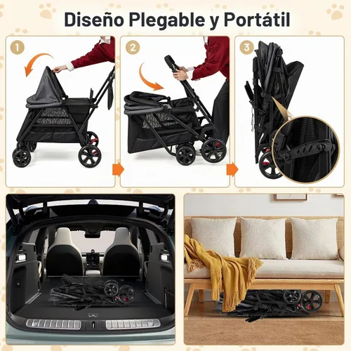 Vista 6 de PETSITE Cochecito para perros de 4 ruedas, cochecito plegable para gatos con entradas dobles, rampa, ventanas de malla, toldo ajustable
